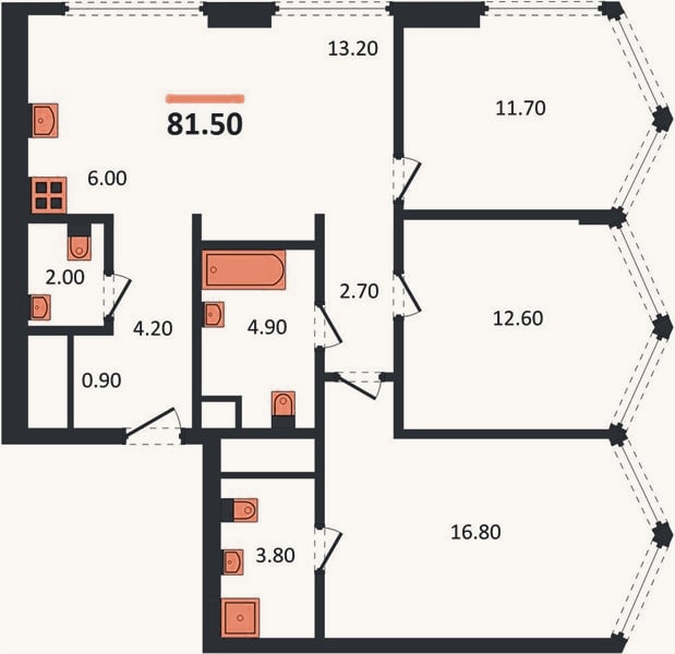 Планировка: 3-к, 81,5 м²