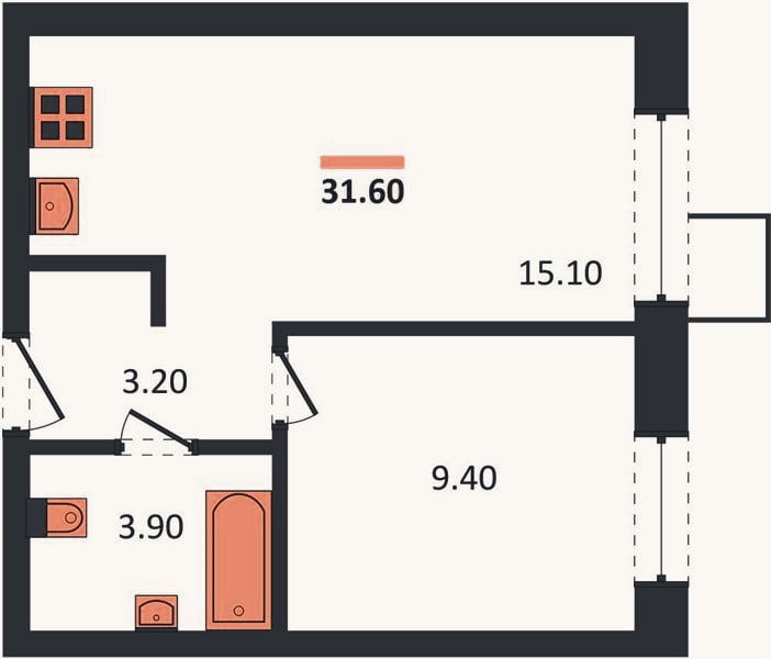 Планировка: 1-к, 31,6 м²