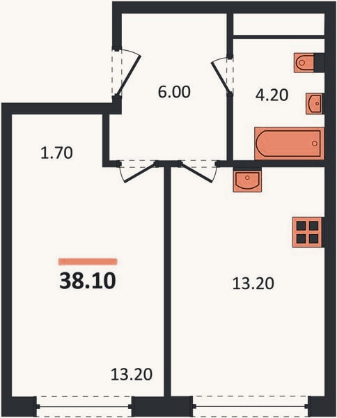 Планировка: 1-к, 38,9 м²