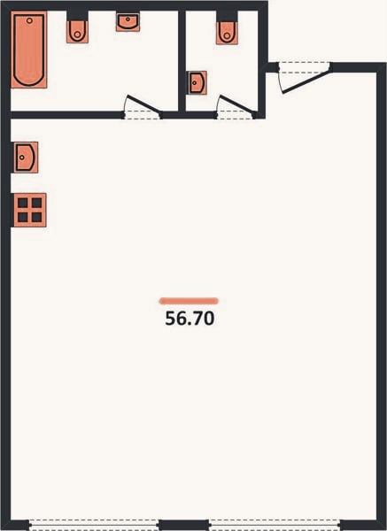 Планировка: 1-к, 56,4 м²