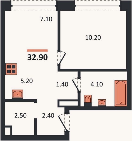 Планировка: 1-к, 33,3 м²