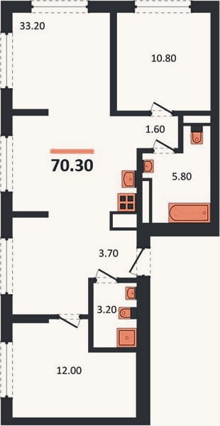 Планировка: 2-к, 70,3 м²