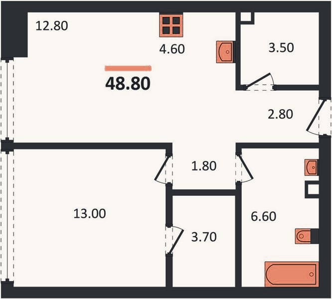 Планировка: 1-к, 48,8 м²