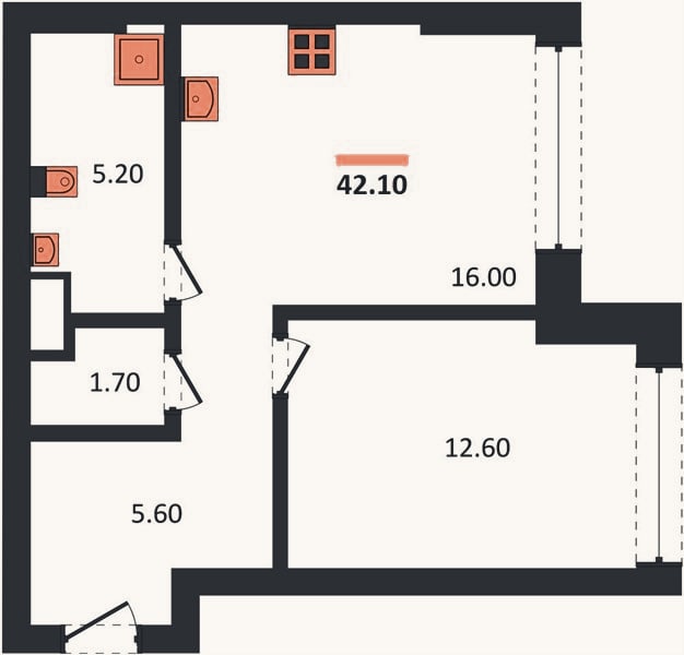 Планировка: 1-к, 42,1 м²