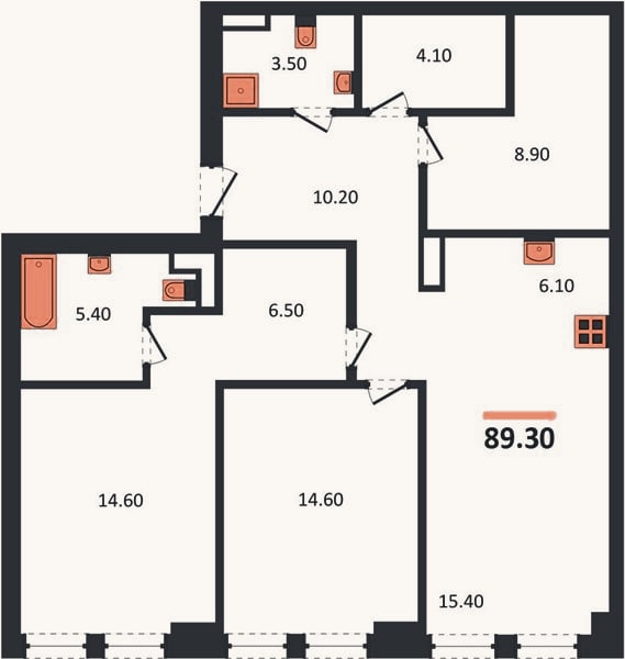 Планировка: 2-к, 89,3 м²