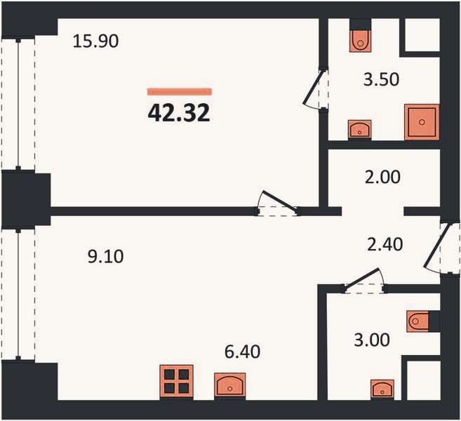 Планировка: 1-к, 42,3 м²