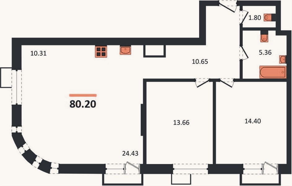 Планировка: 2-к, 80,2 м²