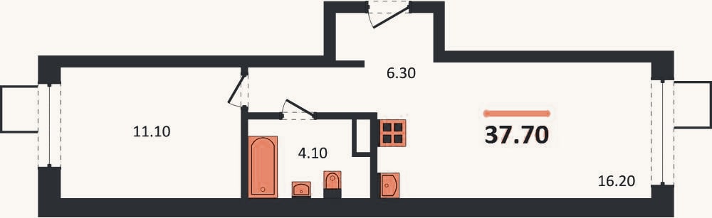 Планировка: 1-к, 37,7 м²