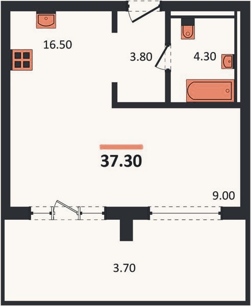 Планировка: Студия, 37,3 м²