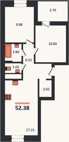 Планировка: 2-к, 52,4 м²