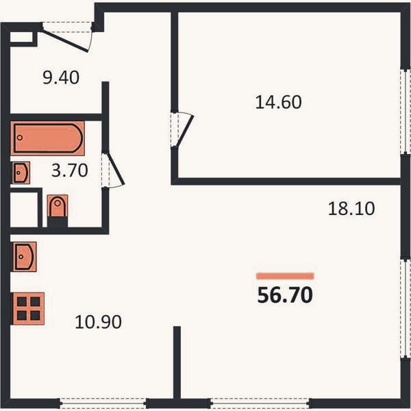 Планировка: 2-к, 56,7 м²