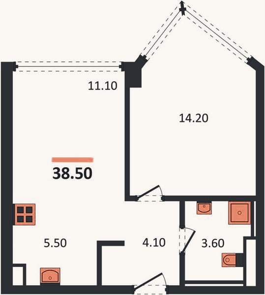 Планировка: 1-к, 38,5 м²
