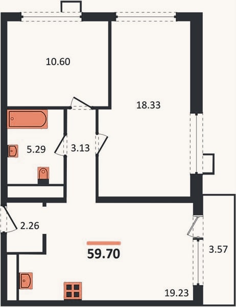 Планировка: 2-к, 59,7 м²