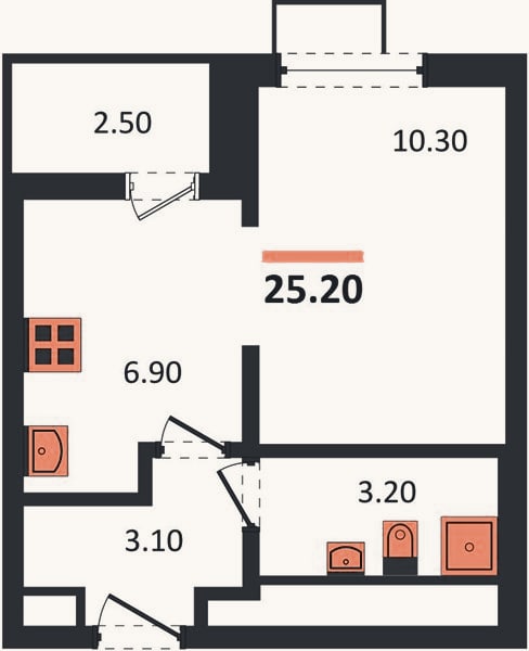 Планировка: 1-к, 25,2 м²