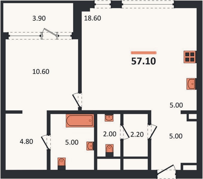 Планировка: 1-к, 57,1 м²