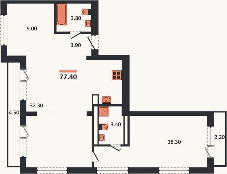 Планировка: 2-к, 77,4 м²