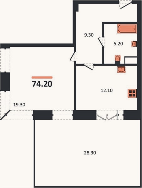 Планировка: 1-к, 74,2 м²