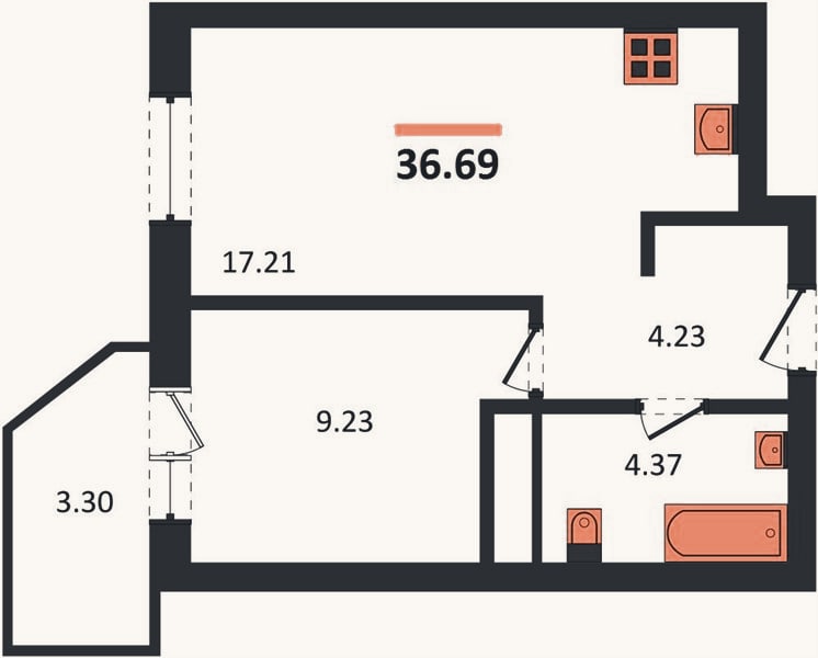 Планировка: 1-к, 36,7 м²