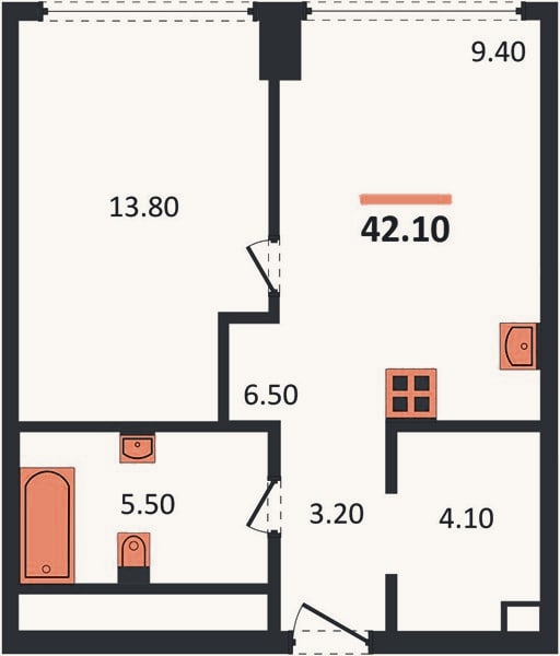 Планировка: 1-к, 42,1 м²