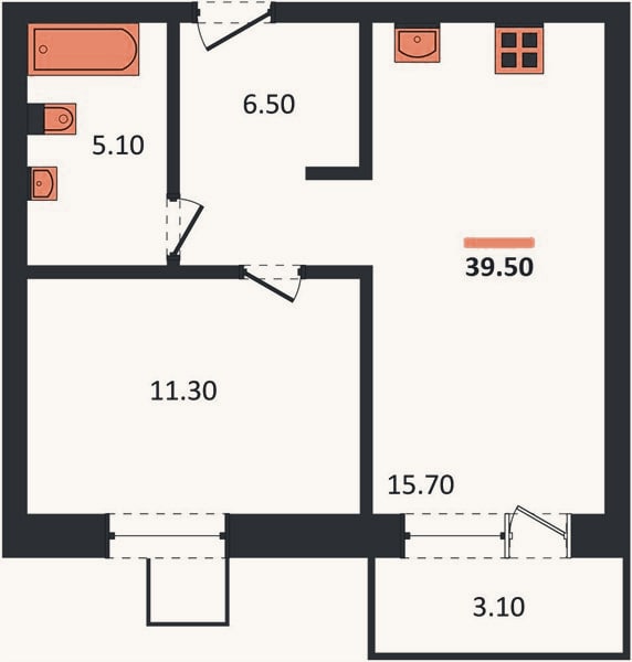 Планировка: 1-к, 39,5 м²