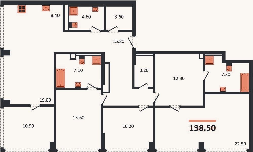 Планировка: 4+ к, 138,5 м²