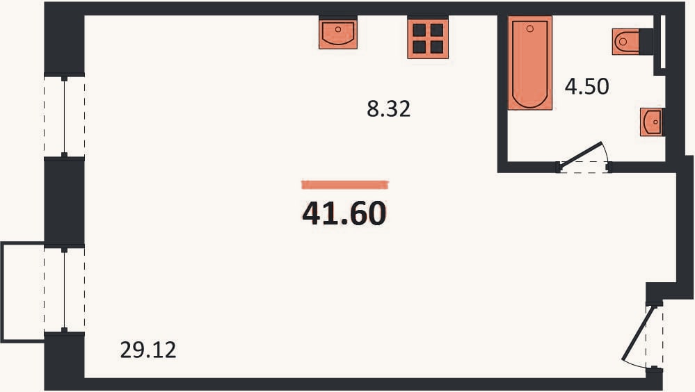 Планировка: Студия, 41,6 м²