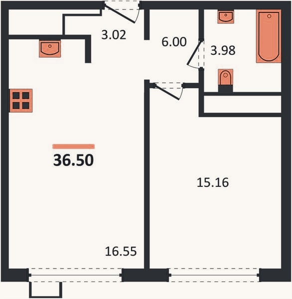 Планировка: 1-к, 36,5 м²