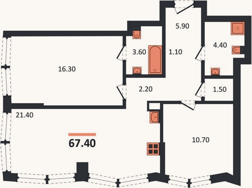 Планировка: 2-к, 67,4 м²