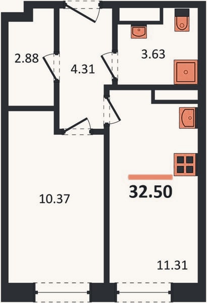 Планировка: 1-к, 32,5 м²