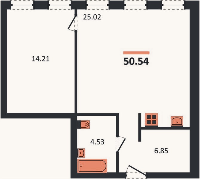 Планировка: 1-к, 50,5 м²