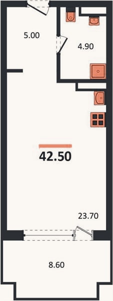 Планировка: Студия, 42,5 м²