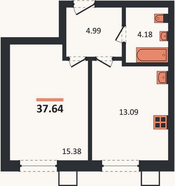 Планировка: 1-к, 37,6 м²