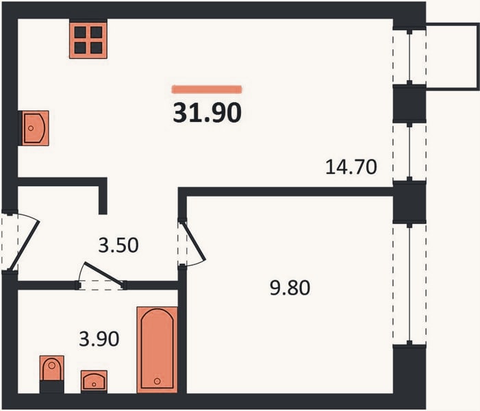 Планировка: 1-к, 31,9 м²