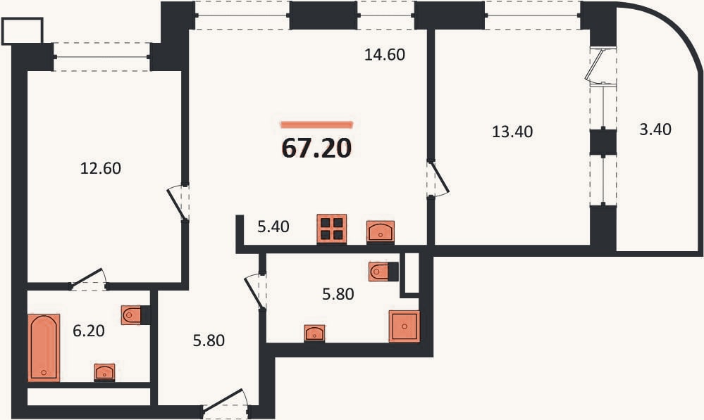 Планировка: 2-к, 67,2 м²
