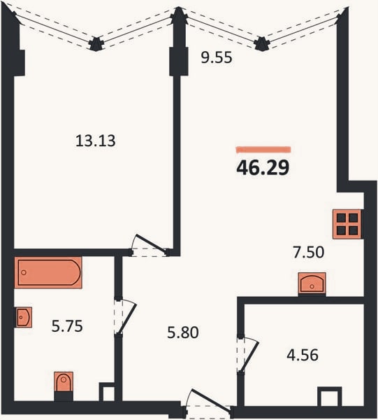 Планировка: 1-к, 46,3 м²