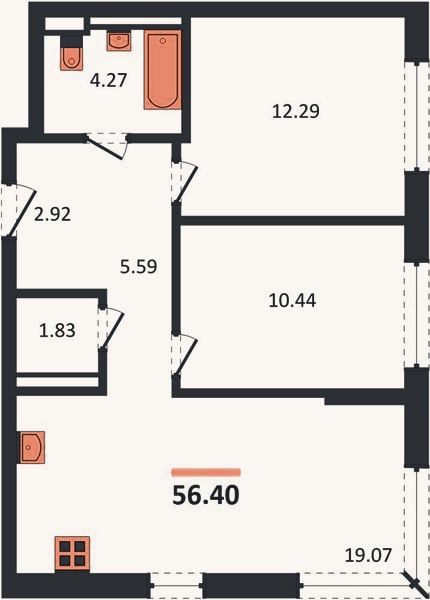 Планировка: 2-к, 56,4 м²