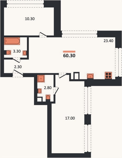 Планировка: 2-к, 60,3 м²