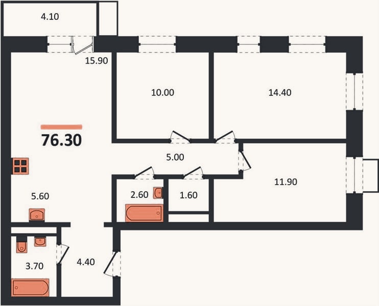Планировка: 3-к, 76,3 м²