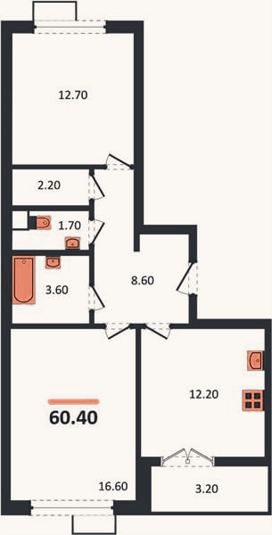 Планировка: 2-к, 60,4 м²