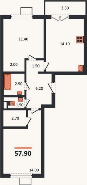 Планировка: 2-к, 57,9 м²