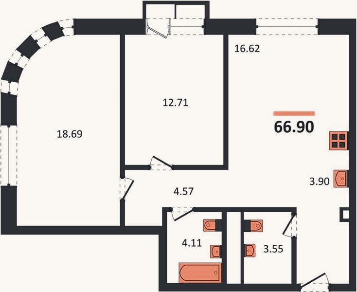Планировка: 2-к, 66,9 м²