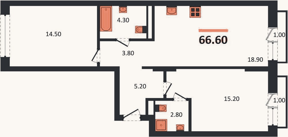 Планировка: 2-к, 66,6 м²