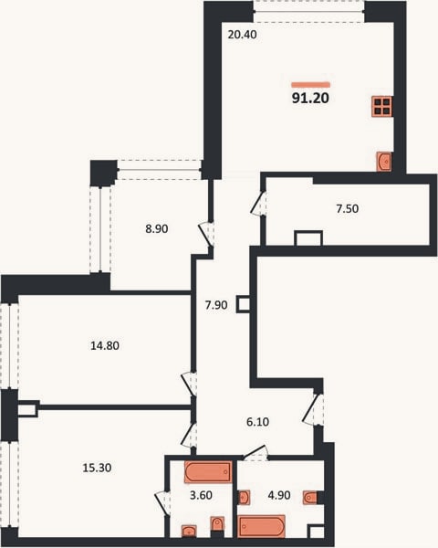 Планировка: 3-к, 91,2 м²