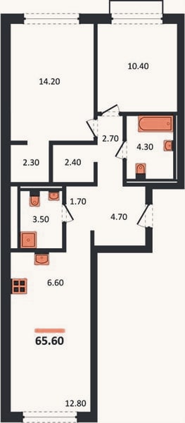 Планировка: 2-к, 65,6 м²
