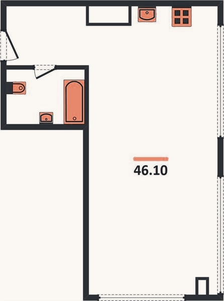 Планировка: 1-к, 46,1 м²