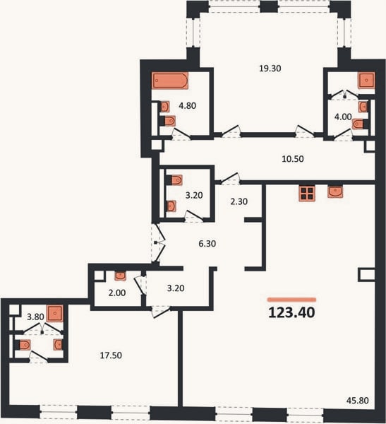Планировка: 2-к, 123,4 м²