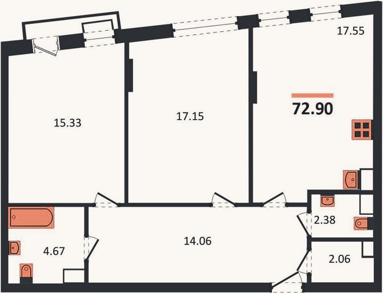 Планировка: 2-к, 72,9 м²