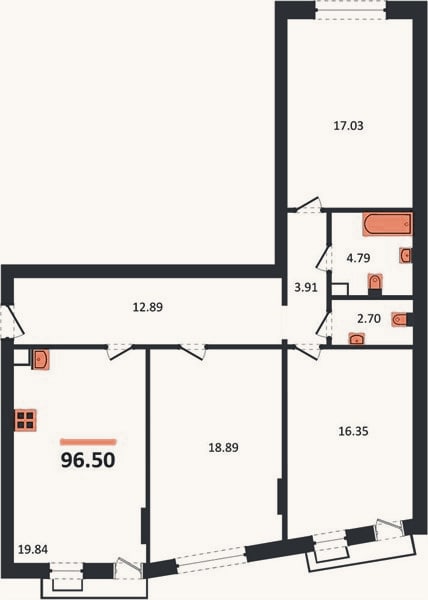 Планировка: 3-к, 96,5 м²