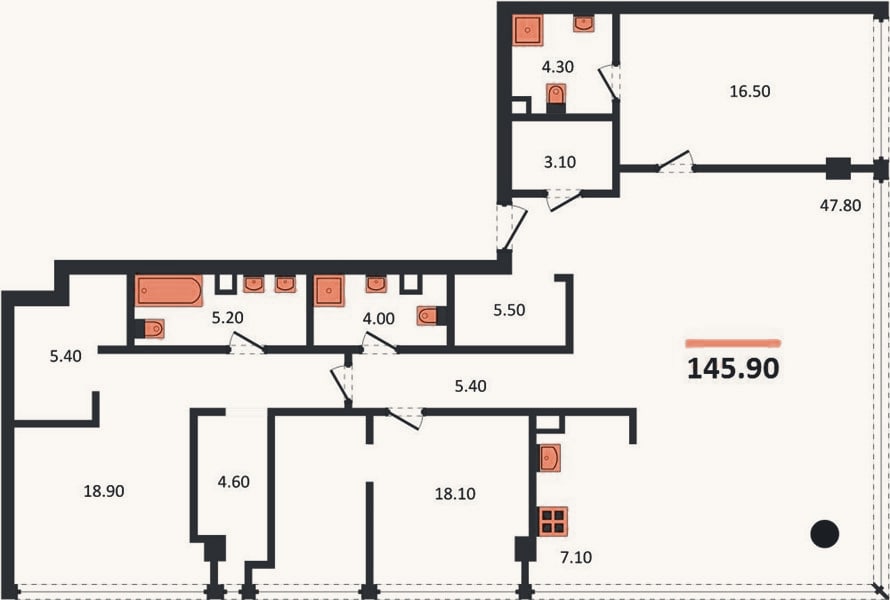 Планировка: 3-к, 145,9 м²