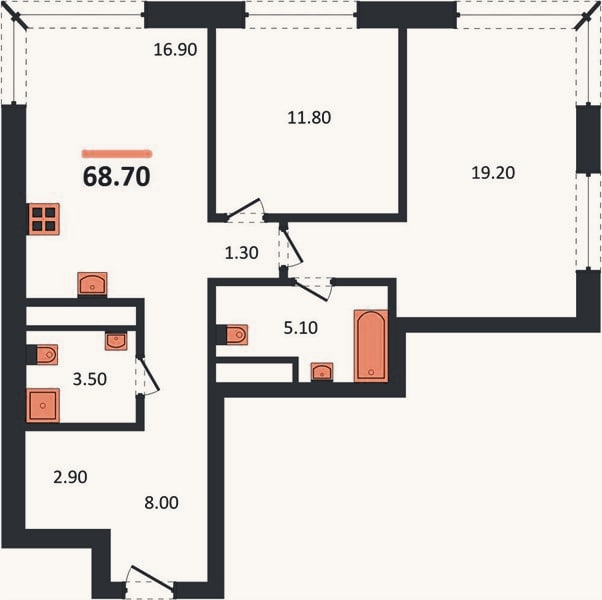 Планировка: 2-к, 68,7 м²